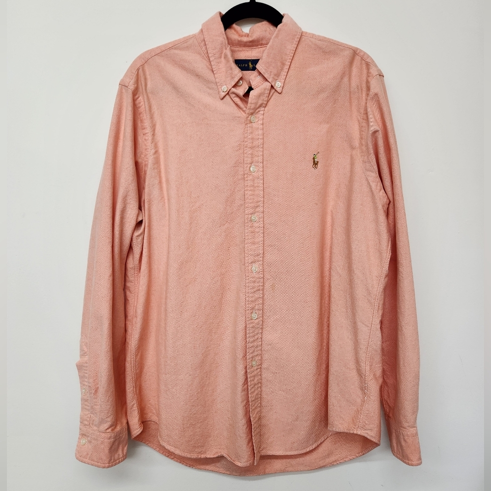 Ralph Lauren Button Up Long Sleeve Shirt Mens Large Pink Salmon Pony Logo Work
